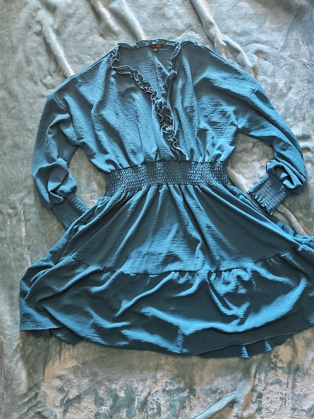 CurvySense Women’s Teal Ruffle-Front Smocked Waist Dress